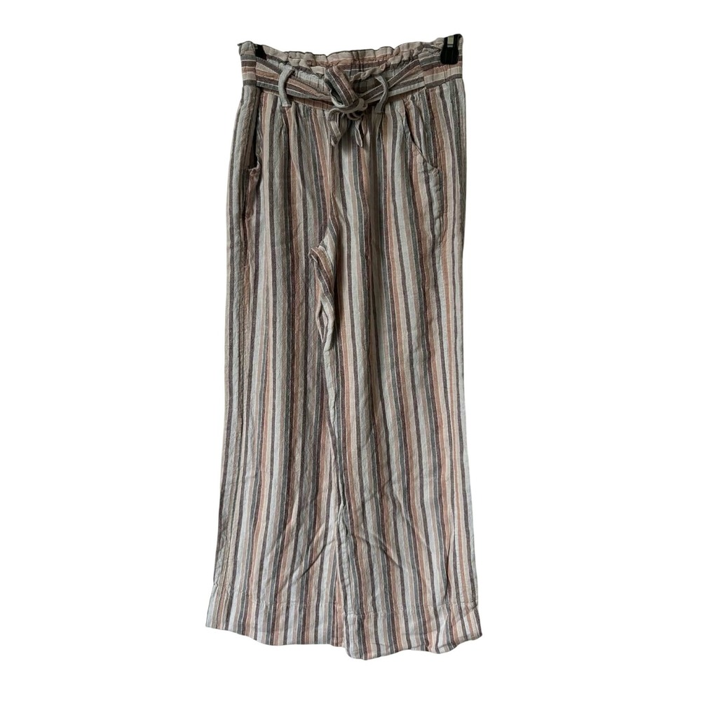 Re-wind Women's Striped Wide Leg Pants Paperbag Waist Drawstring Casual Size XS